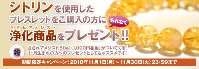 シトリンを使用したブレスレットをご購入の方にもれなく浄化商品(さざれアメジスト)をプレゼント!! さざれアメジスト50㎖（1,000円相当）がついてくる！ 11月生まれの方へのプレゼントとしてもオススメです！ 期間限定キャンペーン！2010年11月1日（月）〜11月30日（火）23：59まで
